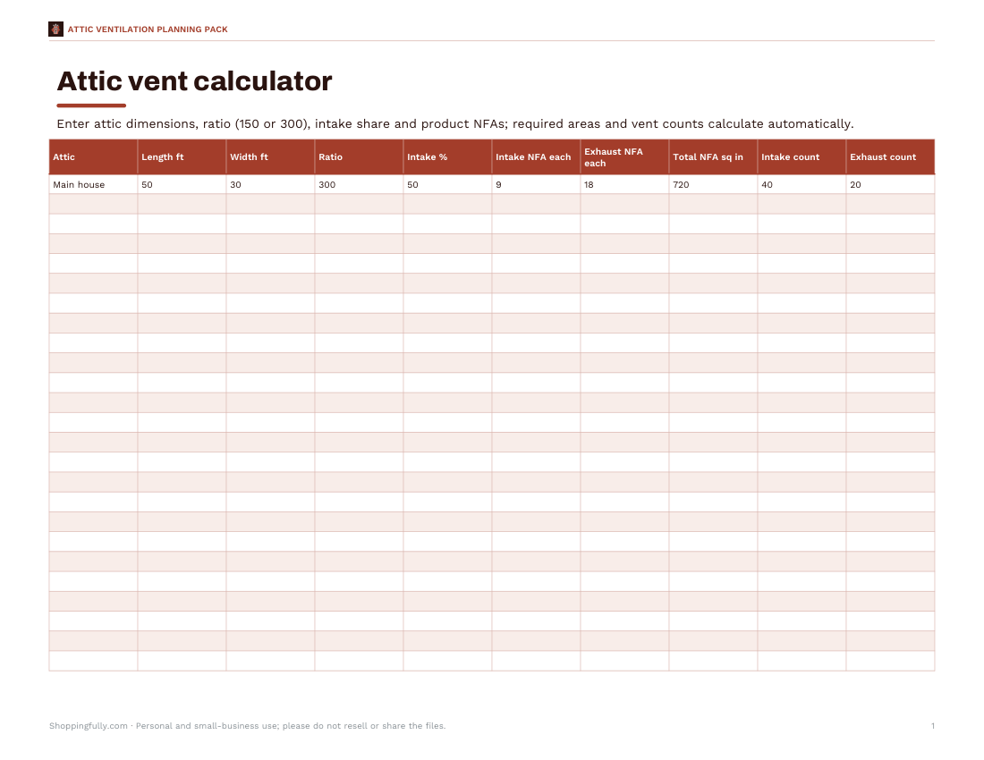 Preview of the first page of Vent calculator (XLSX)