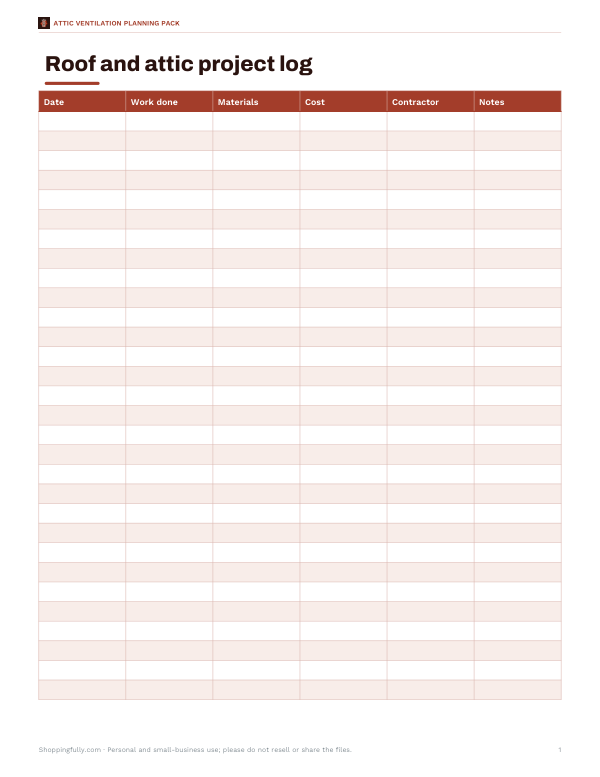 Preview of Printable Attic Project Log