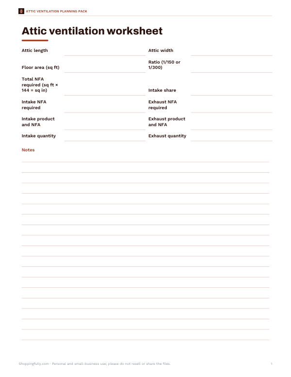 Preview of Printable Attic Ventilation Worksheet